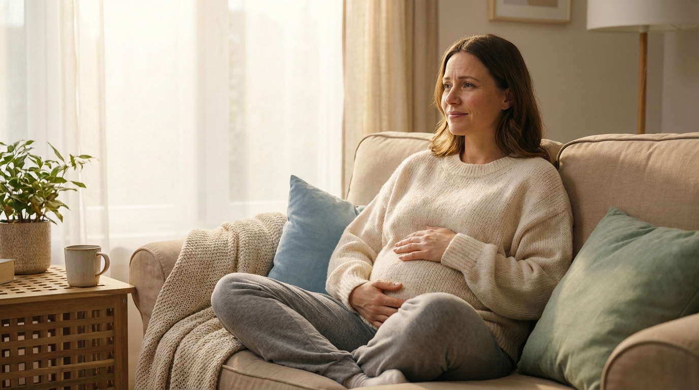 Femme enceinte souriante et sereine, assise sur un canapé, les mains sur son ventre. Lumière douce, ambiance paisible.