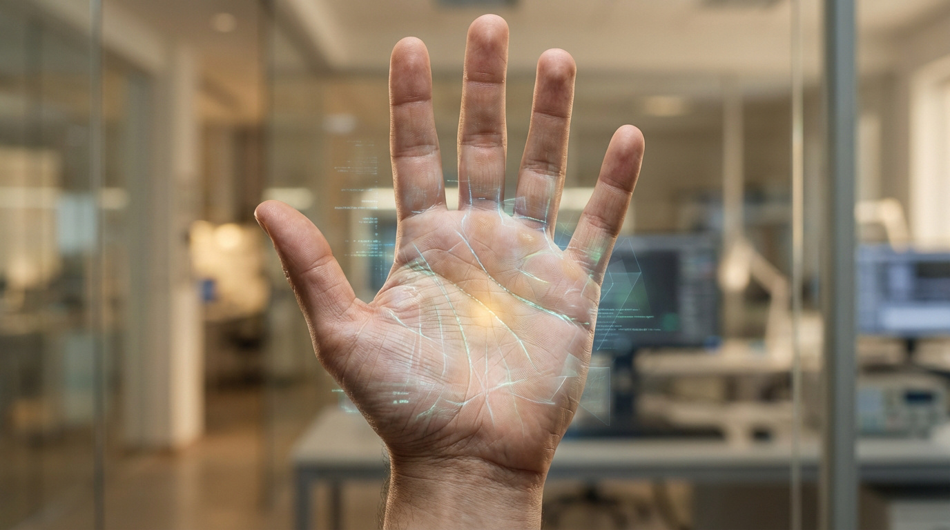 Main humaine avec lignes lumineuses et données numériques, dans un bureau moderne. Symbole de technologie et chiromancie.