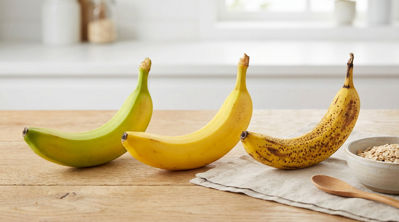 Trois bananes à divers stades de mûrissement (verte, jaune, tachetée) sur une table en bois avec un bol de flocons d'avoine.