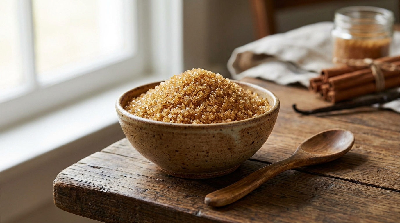 Bol de cassonade, cuillère en bois, bâtons de cannelle et gousses de vanille sur table rustique près d'une fenêtre.