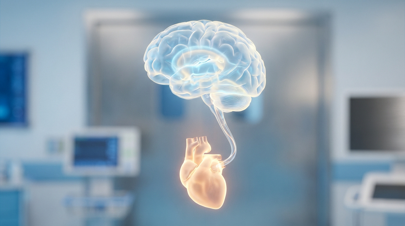 Illustration 3D d'un cerveau et d'un cœur reliés par un shunt, représentant une dérivation ventriculo-atriale pour l'hydrocéphalie.