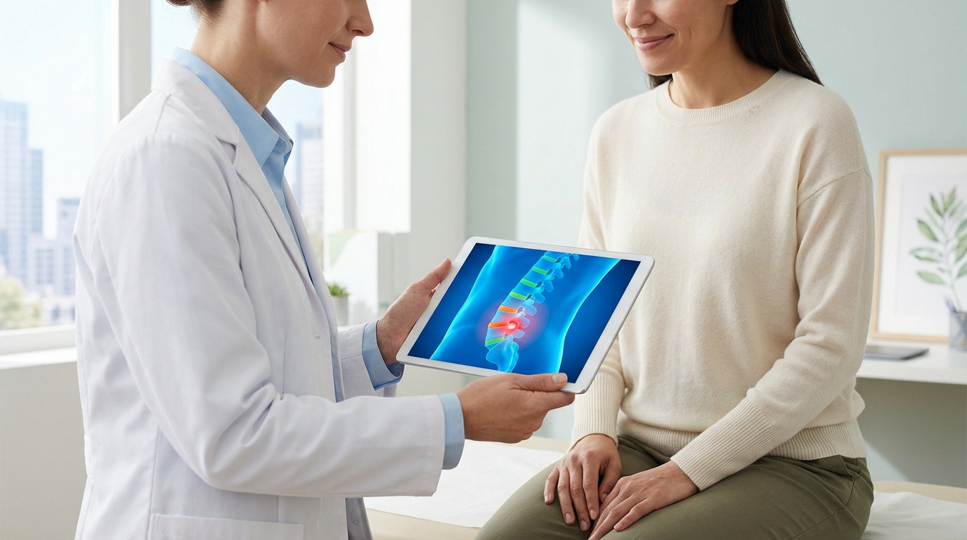 Un médecin explique une pathologie de la colonne vertébrale à une patiente à l'aide d'une tablette montrant une image 3D.