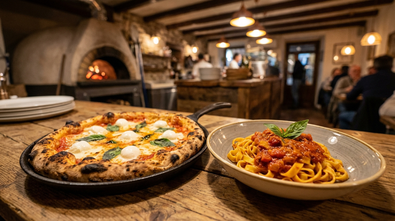 Photo d'une pizza Margherita et de tagliatelles sauce tomate sur une table en bois, four à pizza en brique et intérieur de restaurant chaleureux.