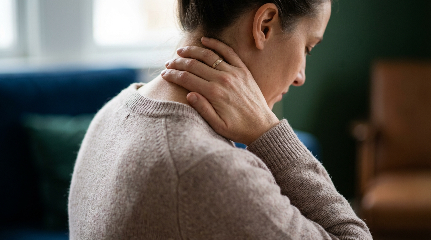 Femme de profil massant sa nuque endolorie avec une main, exprimant la douleur cervicale ou la tension. Vêtue d'un pull clair.