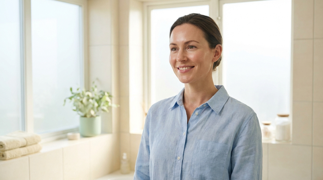 Femme souriante aux cheveux tirés, portant une chemise bleue, dans une salle de bain lumineuse avec des fenêtres et une plante.