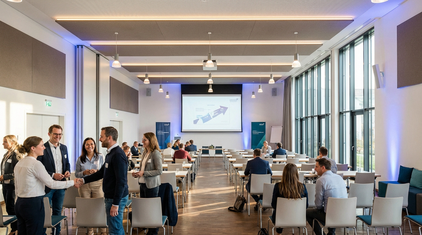 Vue d'une grande salle de conférence moderne: personnes réseautant et assistant à une présentation sur écran géant.