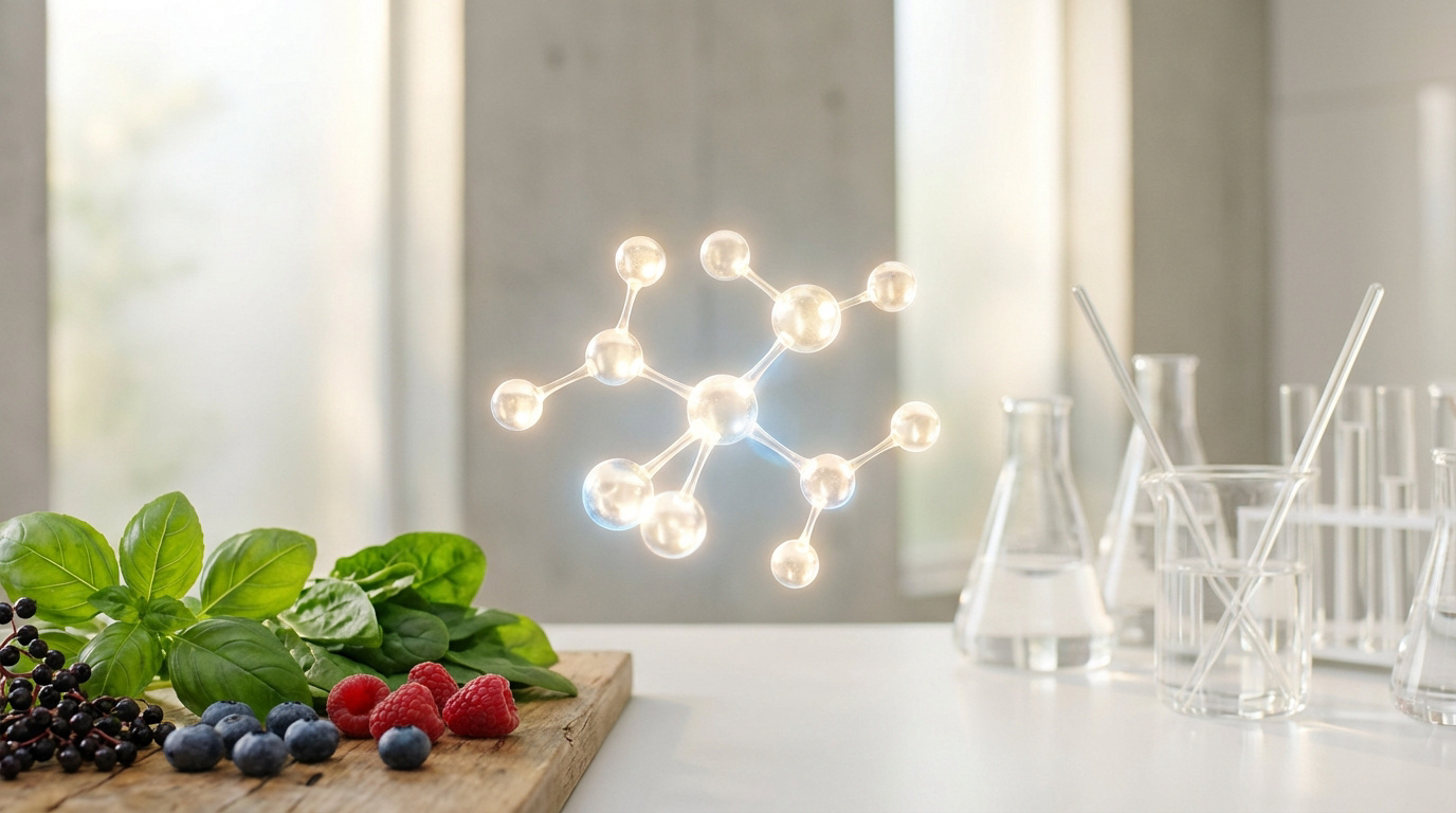 Représentation moléculaire lumineuse, baies, épinards, basilic sur planche en bois et verrerie de laboratoire sur une table blanche.