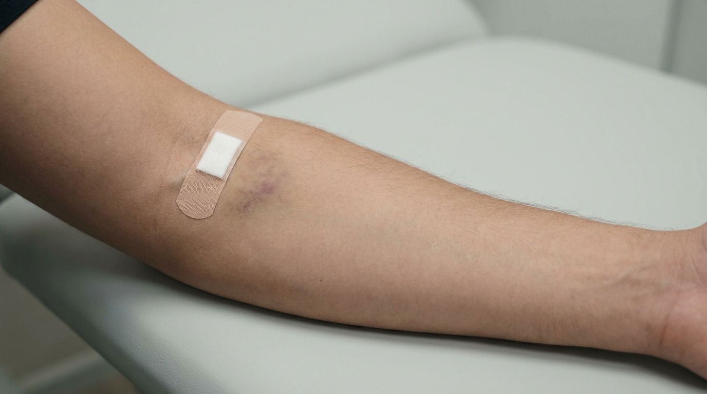 Bras avec un pansement sur la zone de ponction et un hématome violet visible, reposant sur une surface médicale claire.