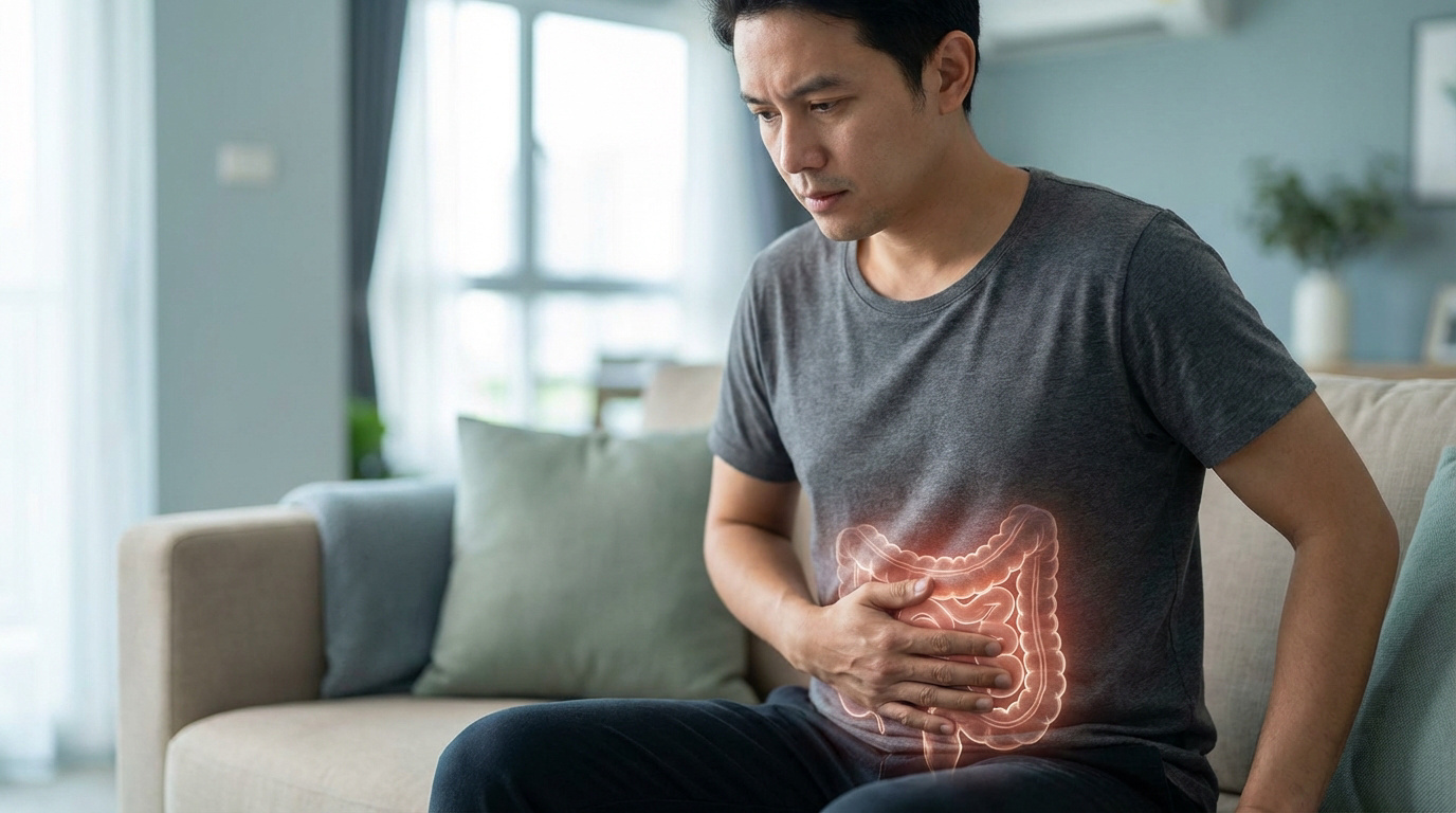 Homme asiatique assis sur un canapé, se tenant le ventre avec une expression de douleur, son côlon est visualisé en rouge lumineux.
