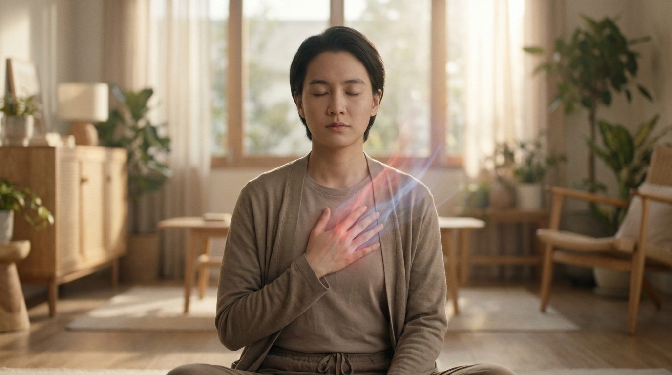 Une personne médite, les yeux fermés, une main sur la poitrine, avec une lumière rouge-bleue symbolisant le flux.