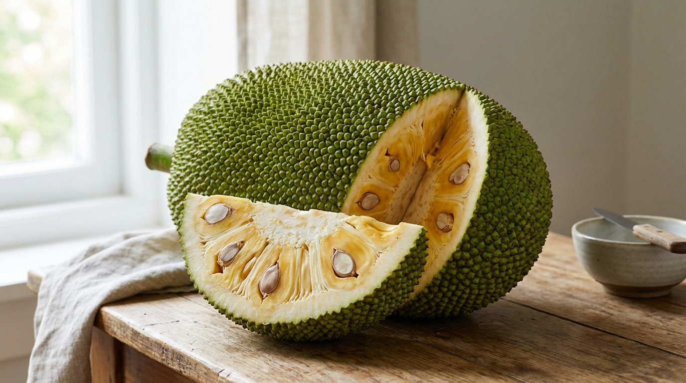 Un fruit jacquier vert et épineux, coupé en deux sur une table en bois rustique. Sa chair jaune fibreuse et ses graines sont visibles.
