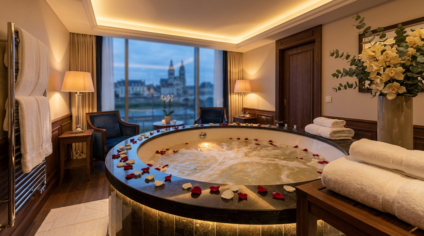 Jacuzzi rond avec pétales de rose et vue sur la ville depuis une love room luxueuse. Lumière tamisée, serviettes et orchidées.