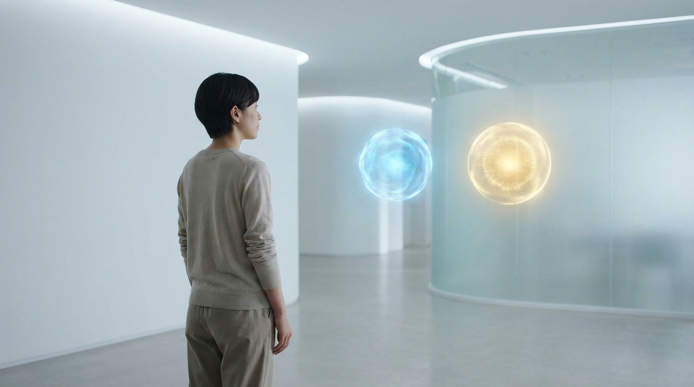 Femme de dos devant deux orbes lumineux, un bleu et un doré, dans un environnement futuriste et minimaliste. Représente un choix.
