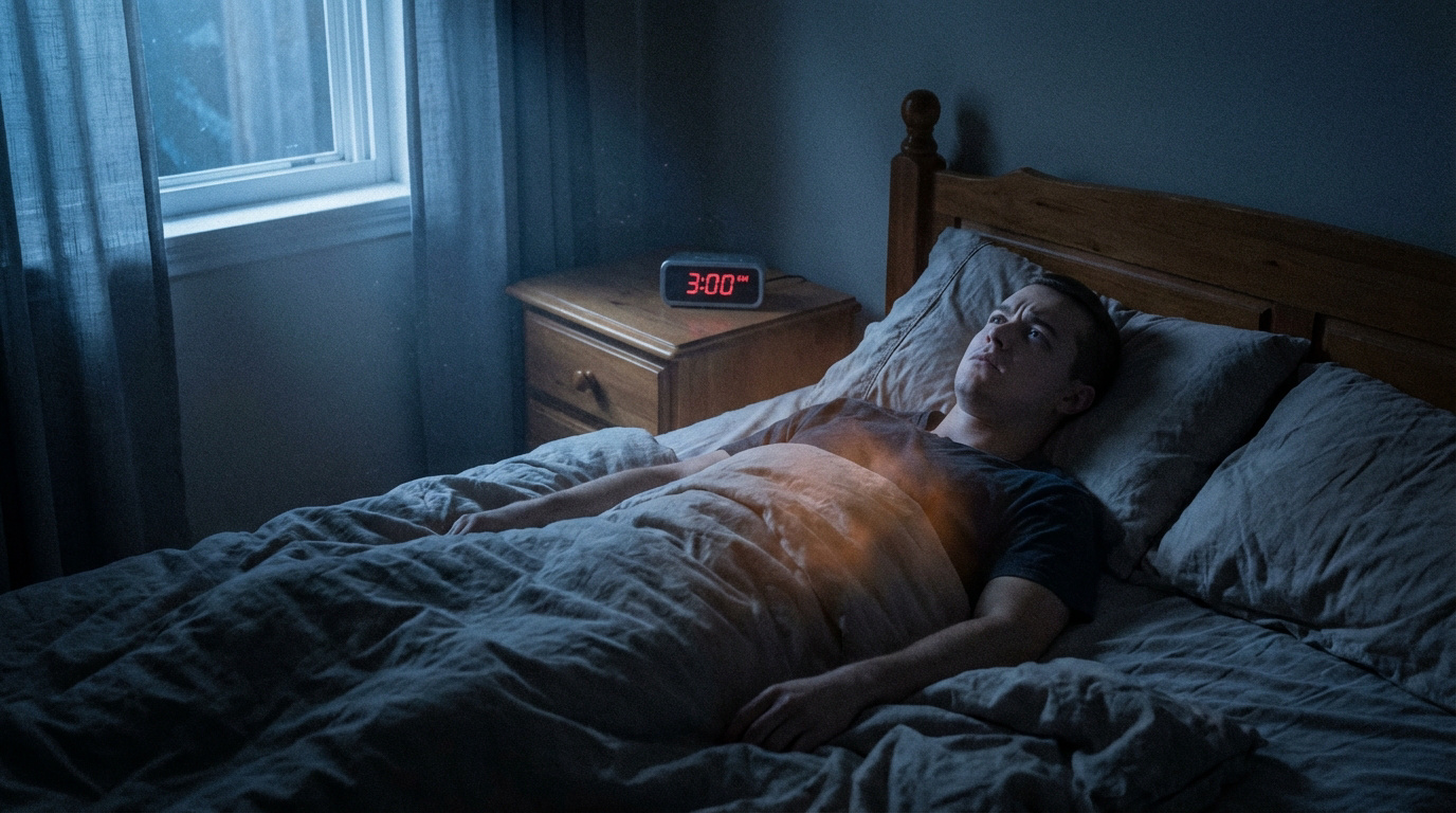 Jeune homme éveillé à 3h du matin dans son lit, une lueur orange émanant de son torse, illustrant les troubles du sommeil dus à l'excès de fer.