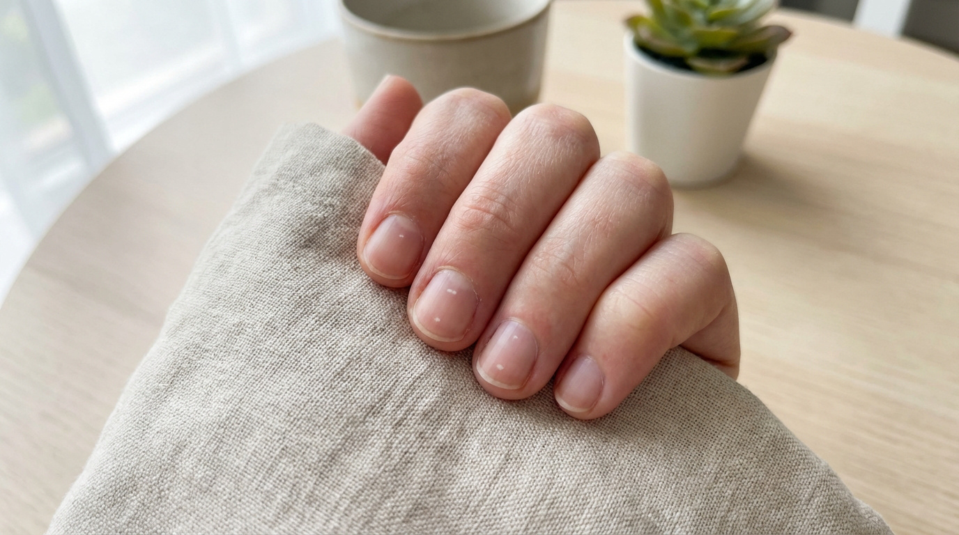Main posée sur un tissu beige, ongles présentant de multiples petites taches blanches. Contexte de leuconychie.