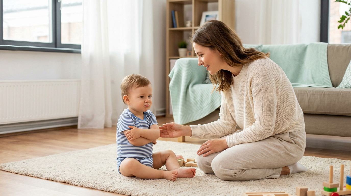 Une femme souriante s'agenouille face à un bébé boudant avec les bras croisés sur un tapis dans un salon lumineux.