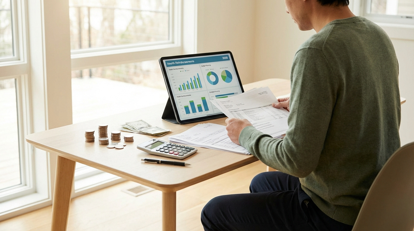Un homme examine des factures et un tableau de bord numérique sur les remboursements de santé, avec calculatrice et argent sur son bureau.