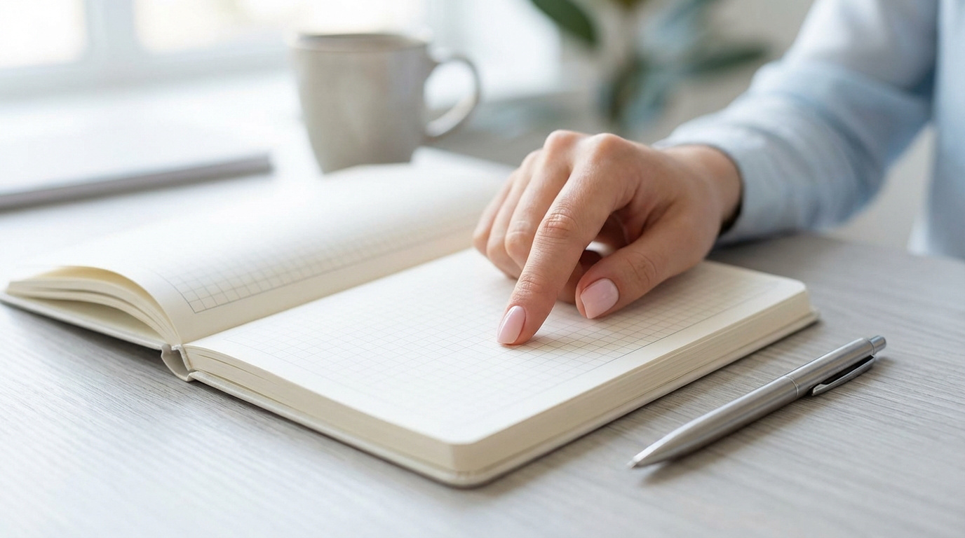 Main féminine pointe une page blanche quadrillée d'un carnet ouvert. Un stylo et une tasse en arrière-plan flou.