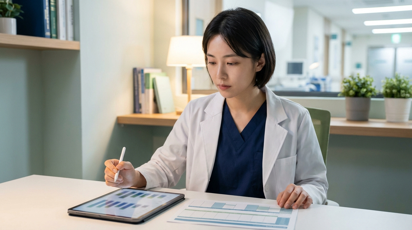 Une femme professionnelle en blouse blanche et scrubs bleus analyse des graphiques sur une tablette avec un stylet, assise à un bureau moderne.