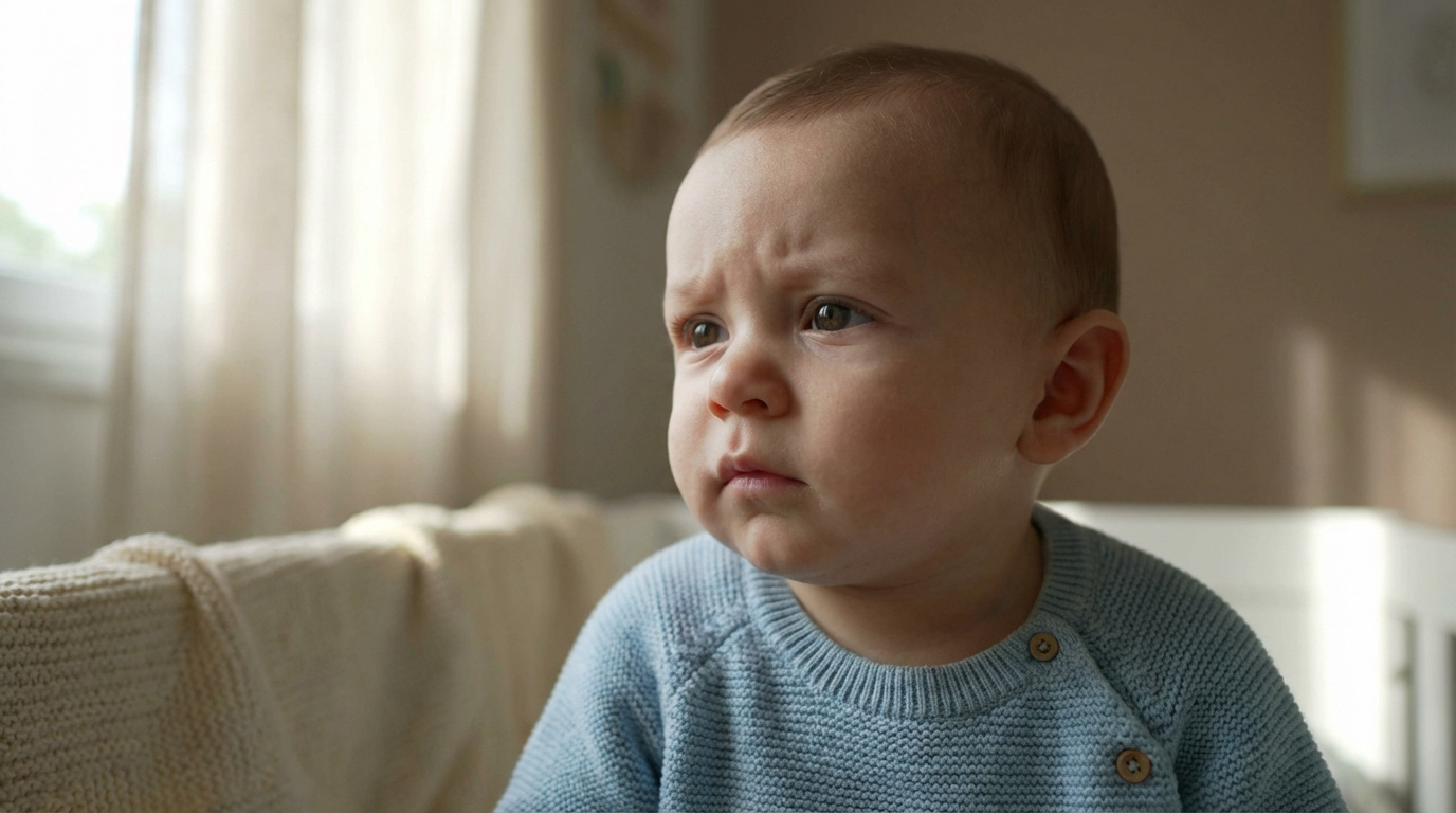 Un bébé aux sourcils froncés, vêtu d'un pull bleu tricoté, regarde pensif. Lumière naturelle près d'une fenêtre en arrière-plan.