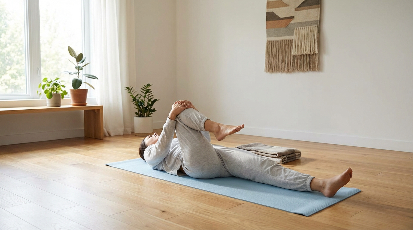 Une femme fait un étirement genou-poitrine sur un tapis de yoga, une posture clé pour soulager la sciatique.