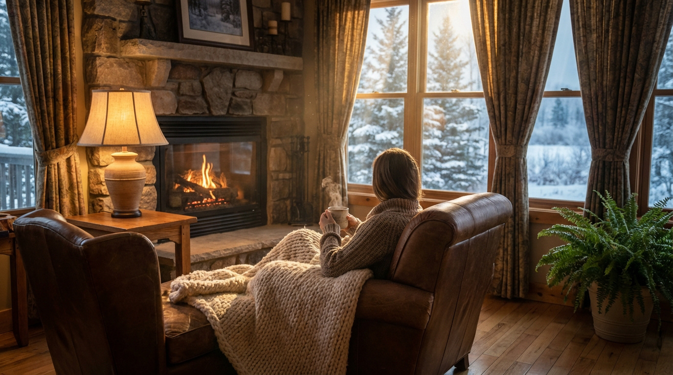 Femme assise sous une couverture dans un fauteuil, buvant une boisson chaude, face à une cheminée et des fenêtres donnant sur un paysage enneigé. Intérieur chaleureux.