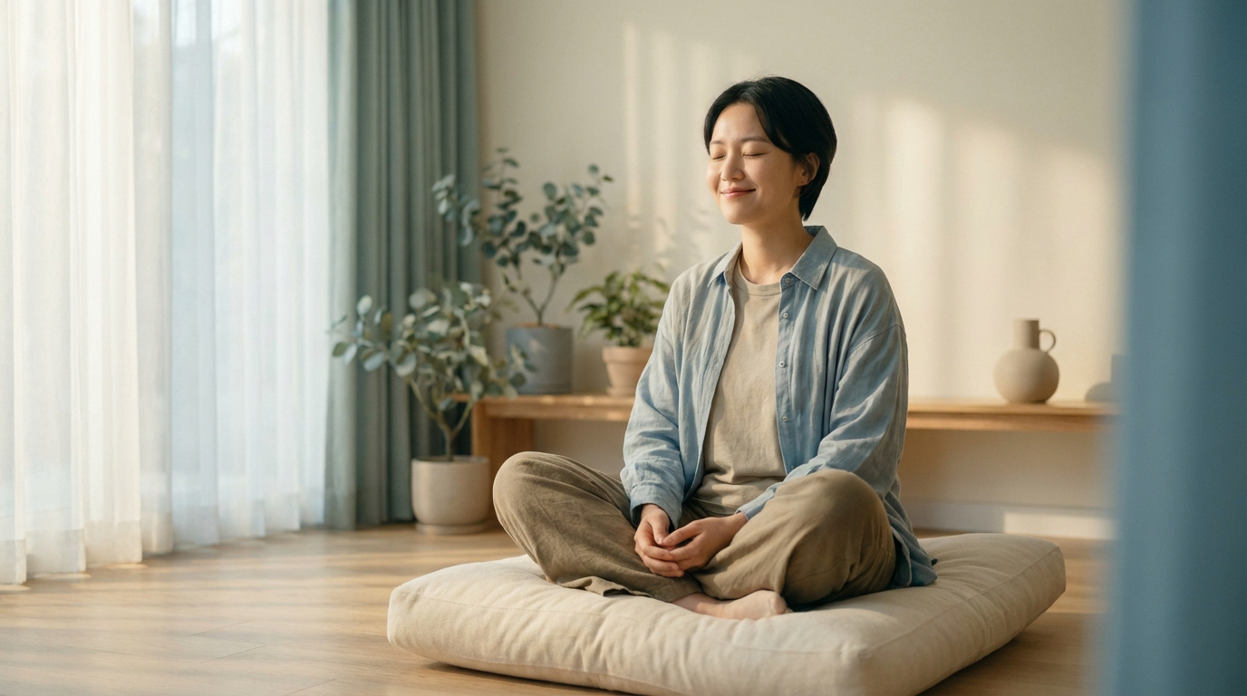 Une jeune femme asiatique médite, assise en lotus sur un coussin beige, les yeux fermés, un doux sourire. Lumière naturelle.