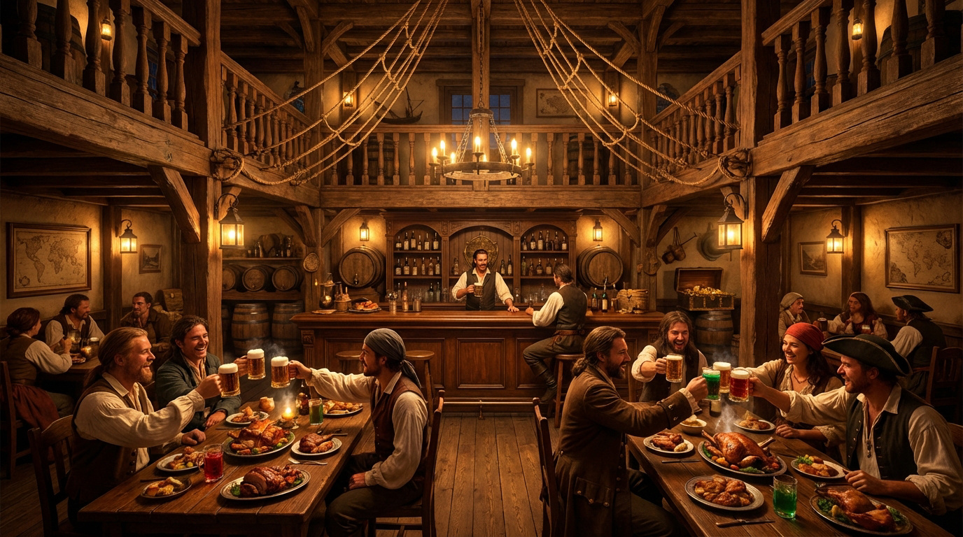 Intérieur d'une taverne pirate en bois avec de joyeux convives festoyant, levant leurs chopes. Un barman sert au fond.