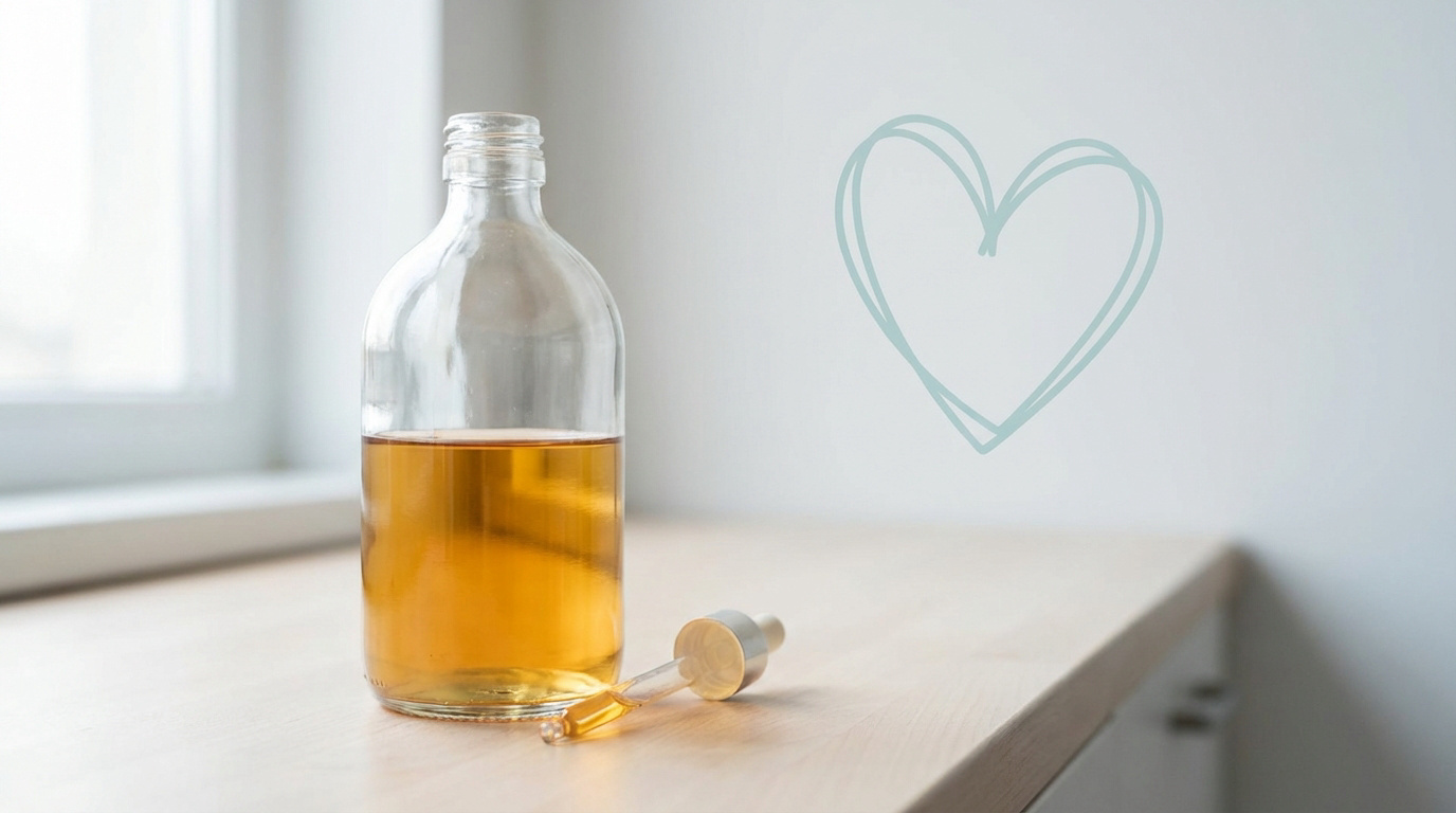 Une bouteille de vinaigre de cidre ambré avec un compte-gouttes à côté, un cœur stylisé sur le mur blanc en arrière-plan.