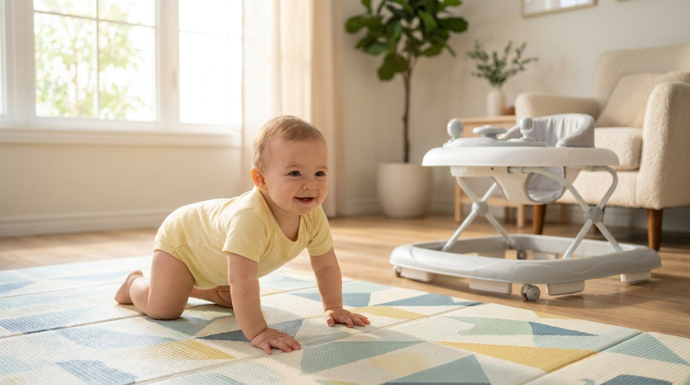 Un bébé souriant en body jaune rampe sur un tapis coloré, un youpala blanc est en arrière-plan dans une pièce ensoleillée.