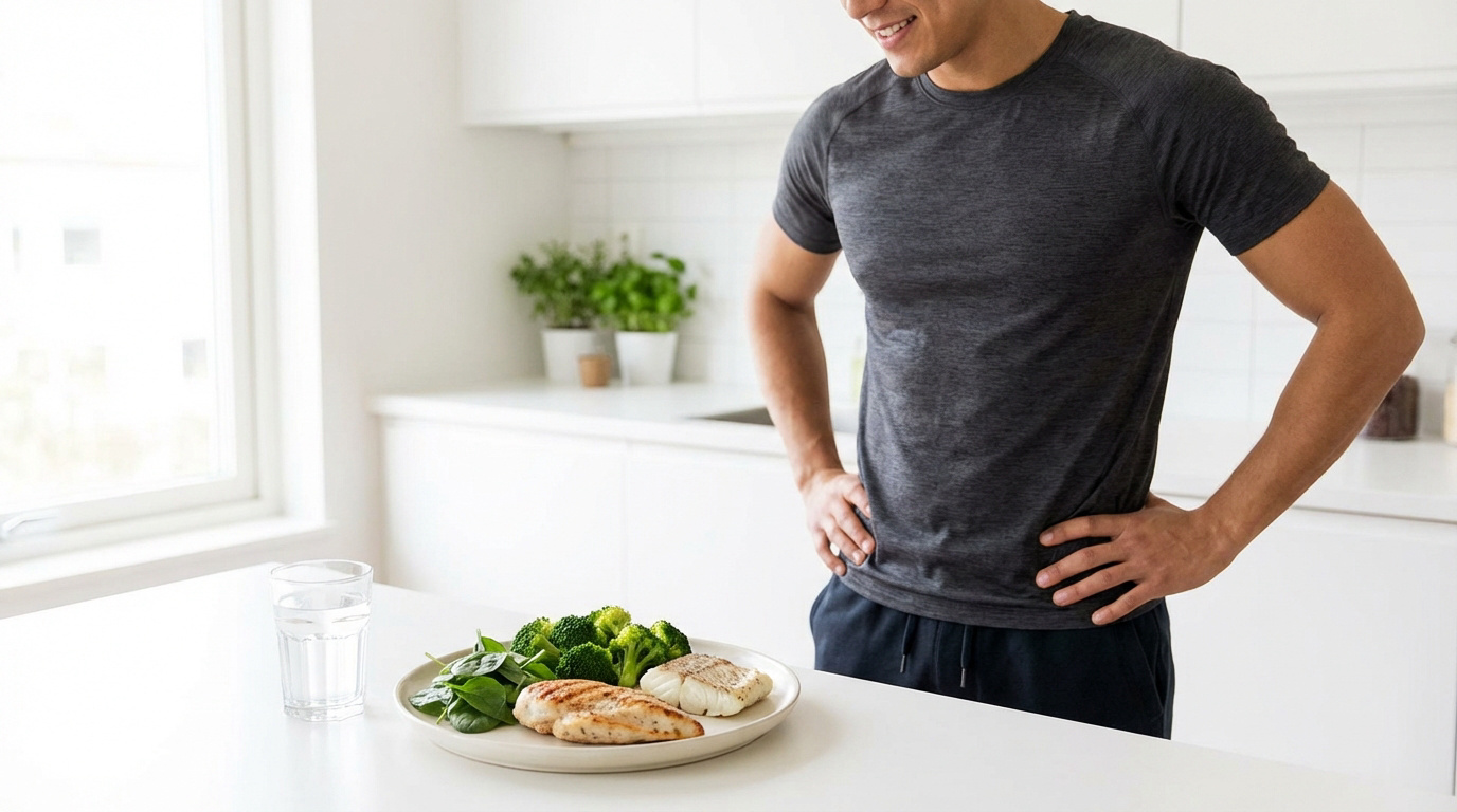 Homme souriant devant une assiette de poulet, poisson, épinards, brocoli et un verre d'eau dans une cuisine moderne.
