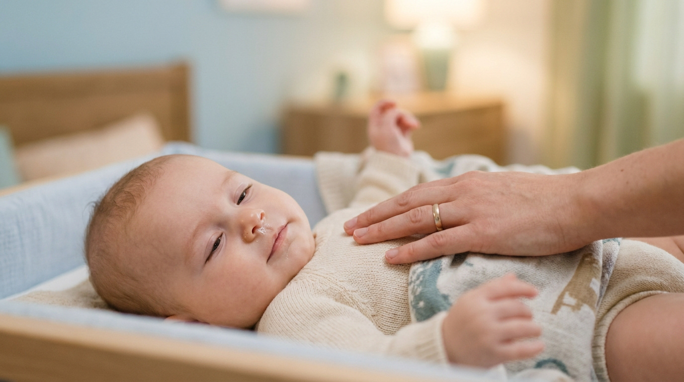 Nourrisson allongé, nez qui coule, une main d'adulte réconfortante sur sa poitrine. Arrière-plan flou d'une chambre.