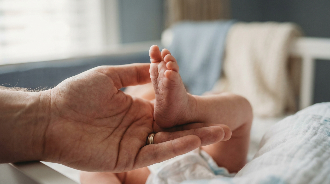 Gros plan sur la main d'un adulte portant une alliance et tenant délicatement le petit pied d'un nouveau-né. Arrière-plan flou.