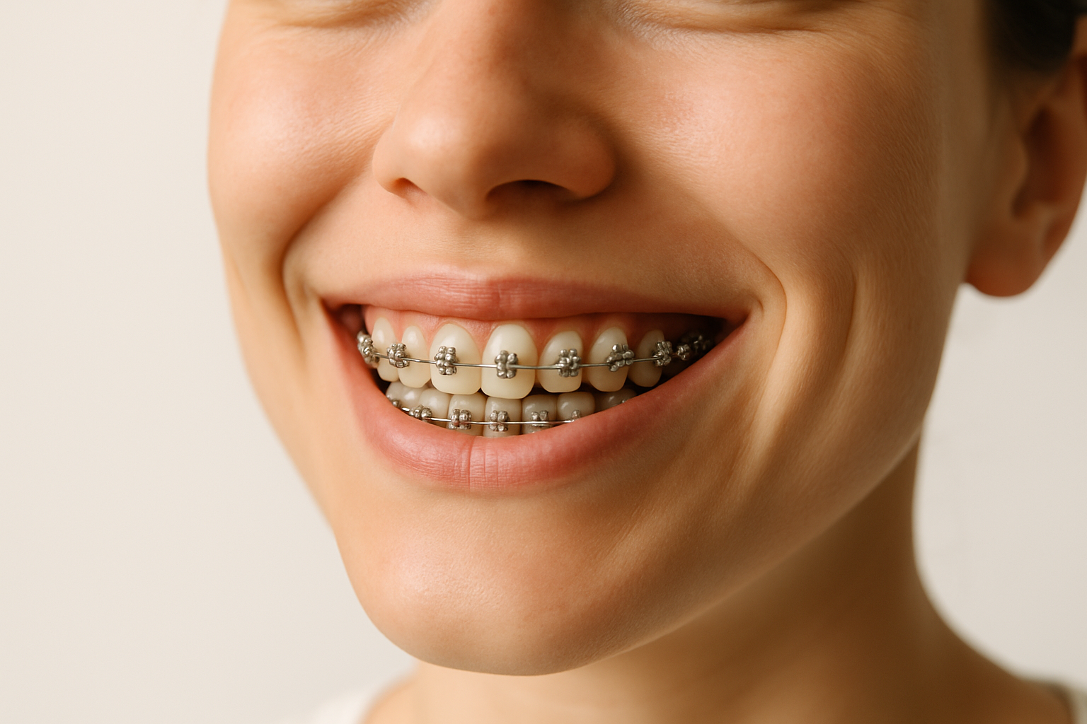 Bagues dentaires métalliques sur les dents d'un patient souriant
