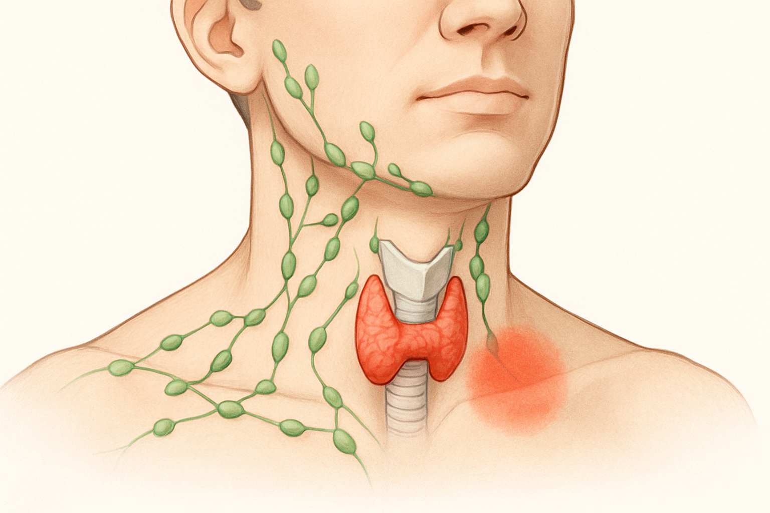 Cou gonflé : schéma anatomique des ganglions lymphatiques et de la thyroïde