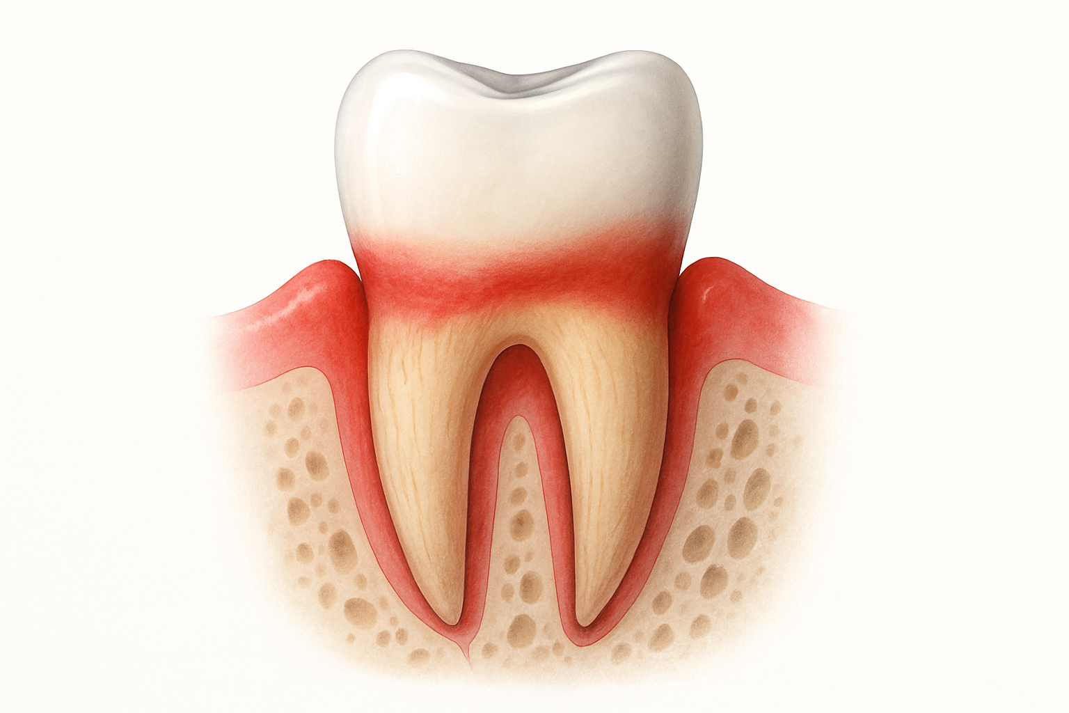 Dent qui se déchausse : illustration médicale d'une récession gingivale avec racine exposée