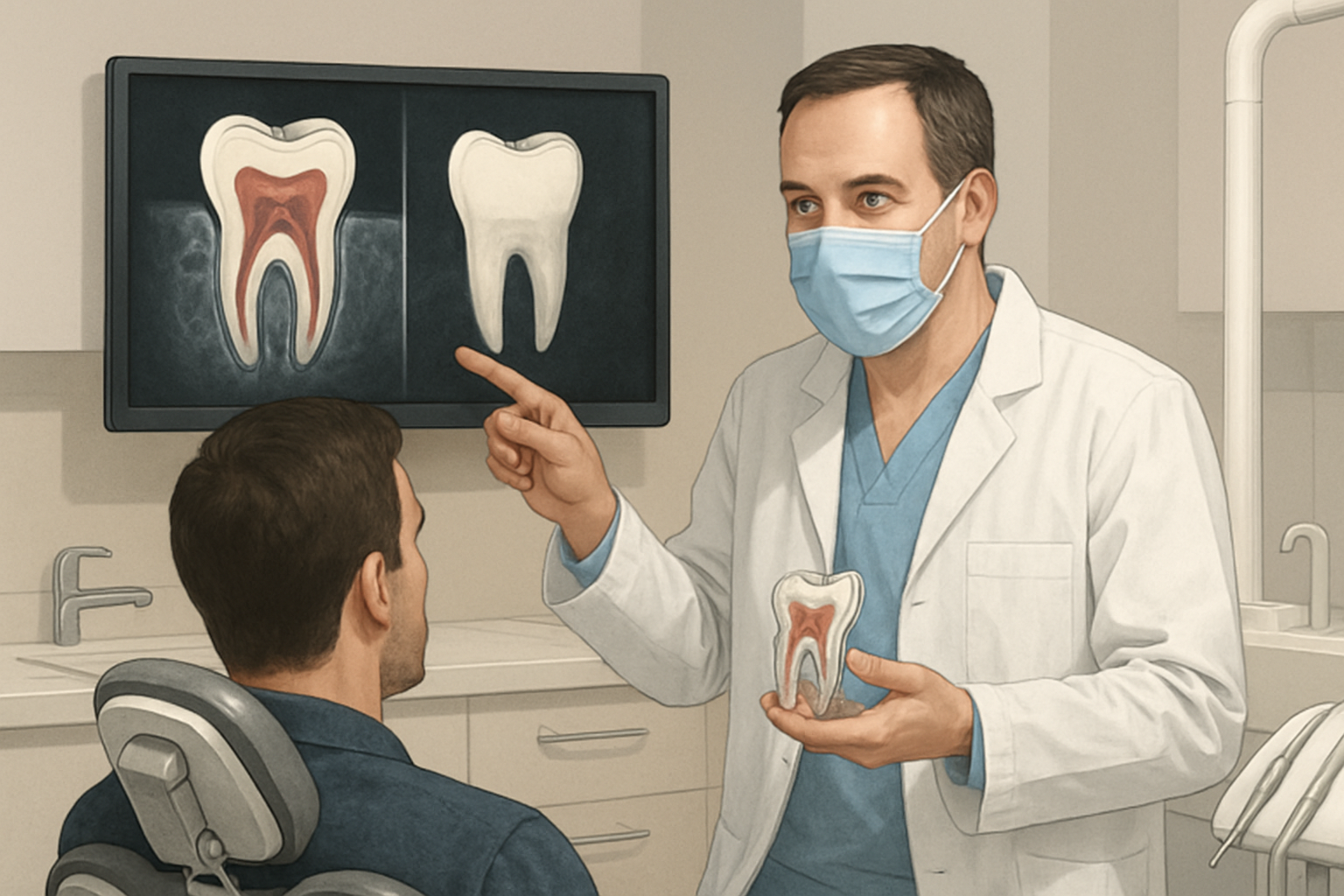 Dévitalisation ou extraction dentaire : dentiste expliquant les options à un patient