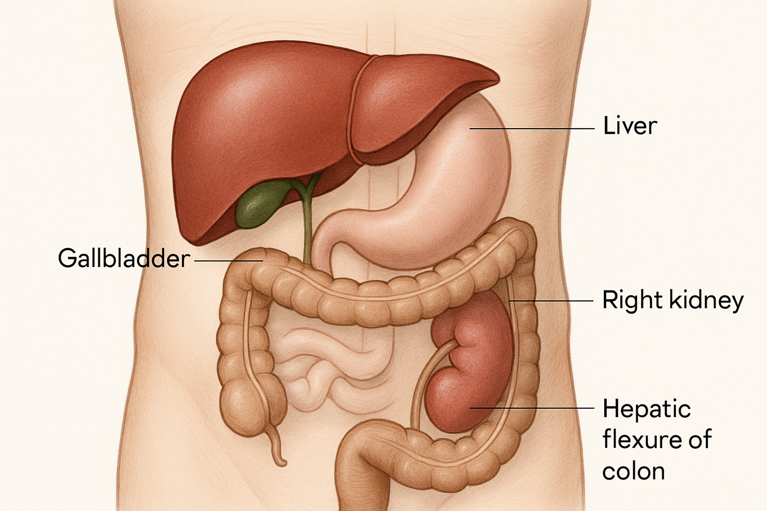 Douleur à l'hypocondre droit : schéma anatomique des organes de la région abdominale supérieure droite
