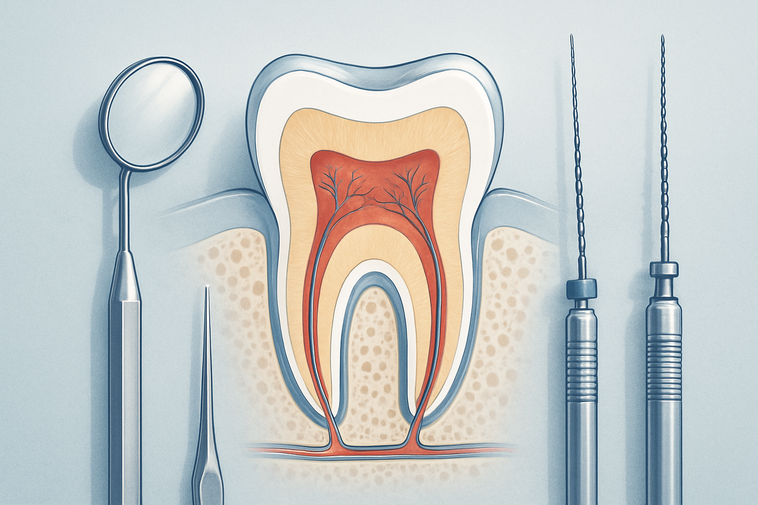 Endodontie - schéma anatomique d'une dent en coupe montrant la pulpe et les canaux radiculaires