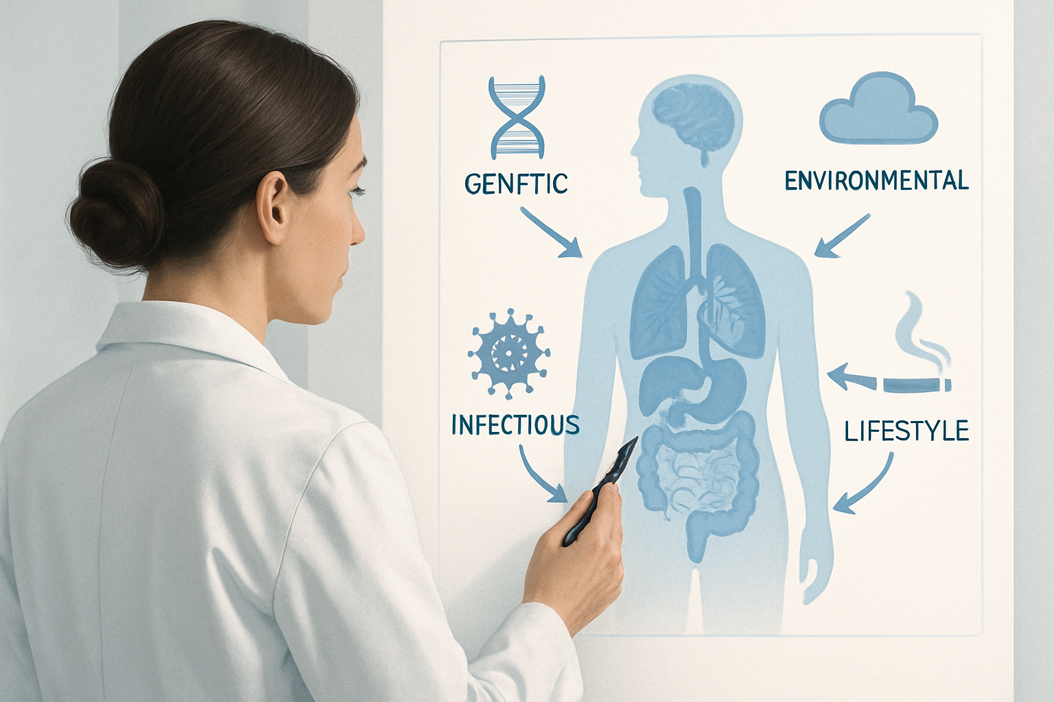 Étiologie d'une maladie - schéma illustrant les différentes causes et facteurs d'une pathologie
