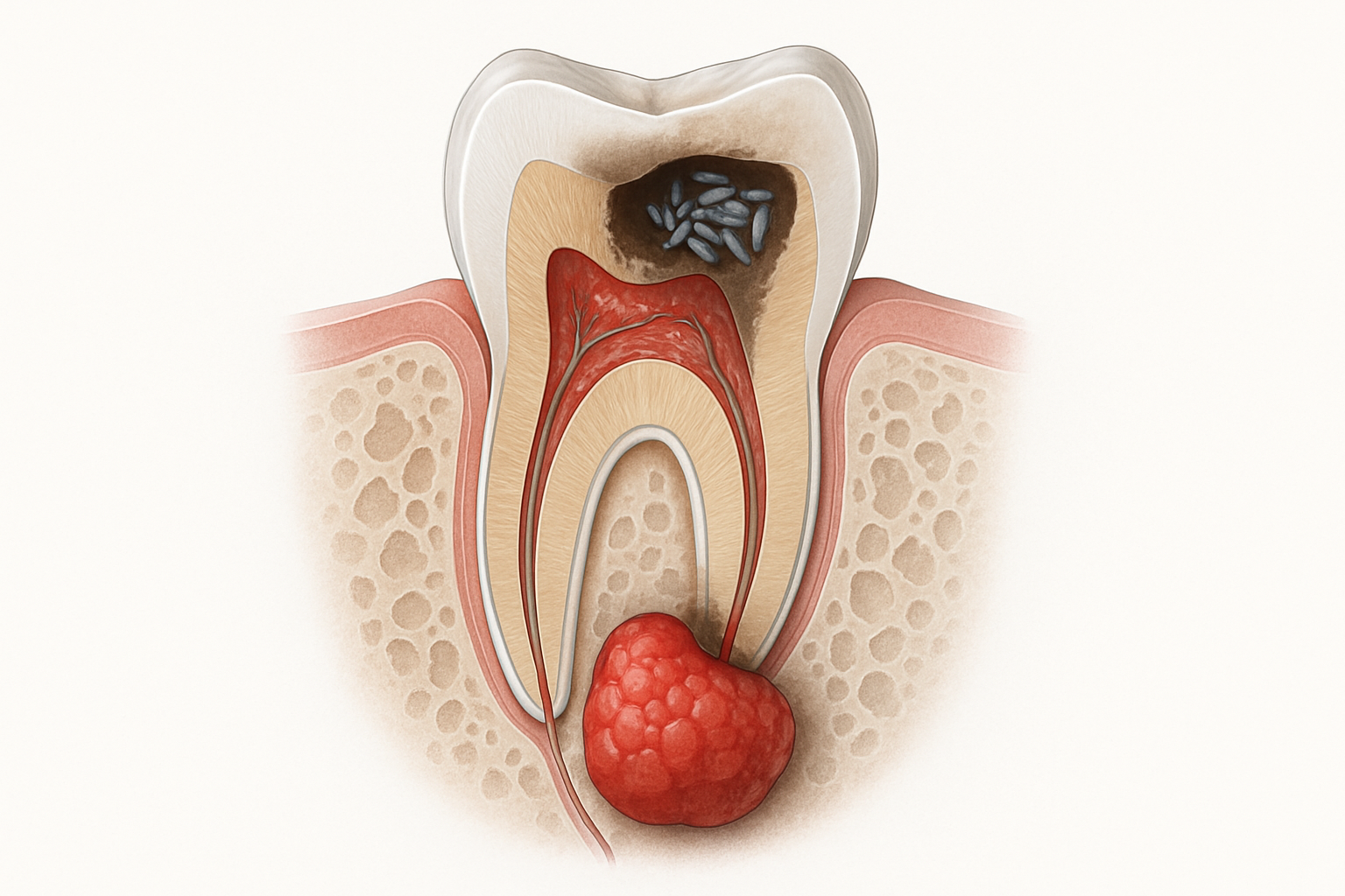 Granulome dentaire - illustration anatomique de la lésion périapicale à l'apex de la racine dentaire