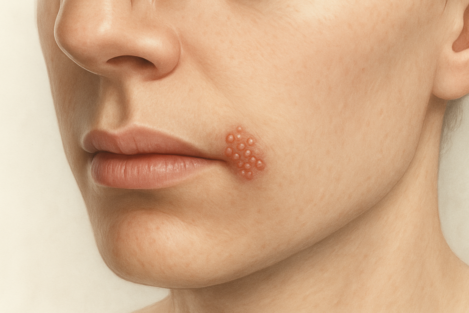 Herpès labial bouton de fièvre – vésicules sur les lèvres en gros plan