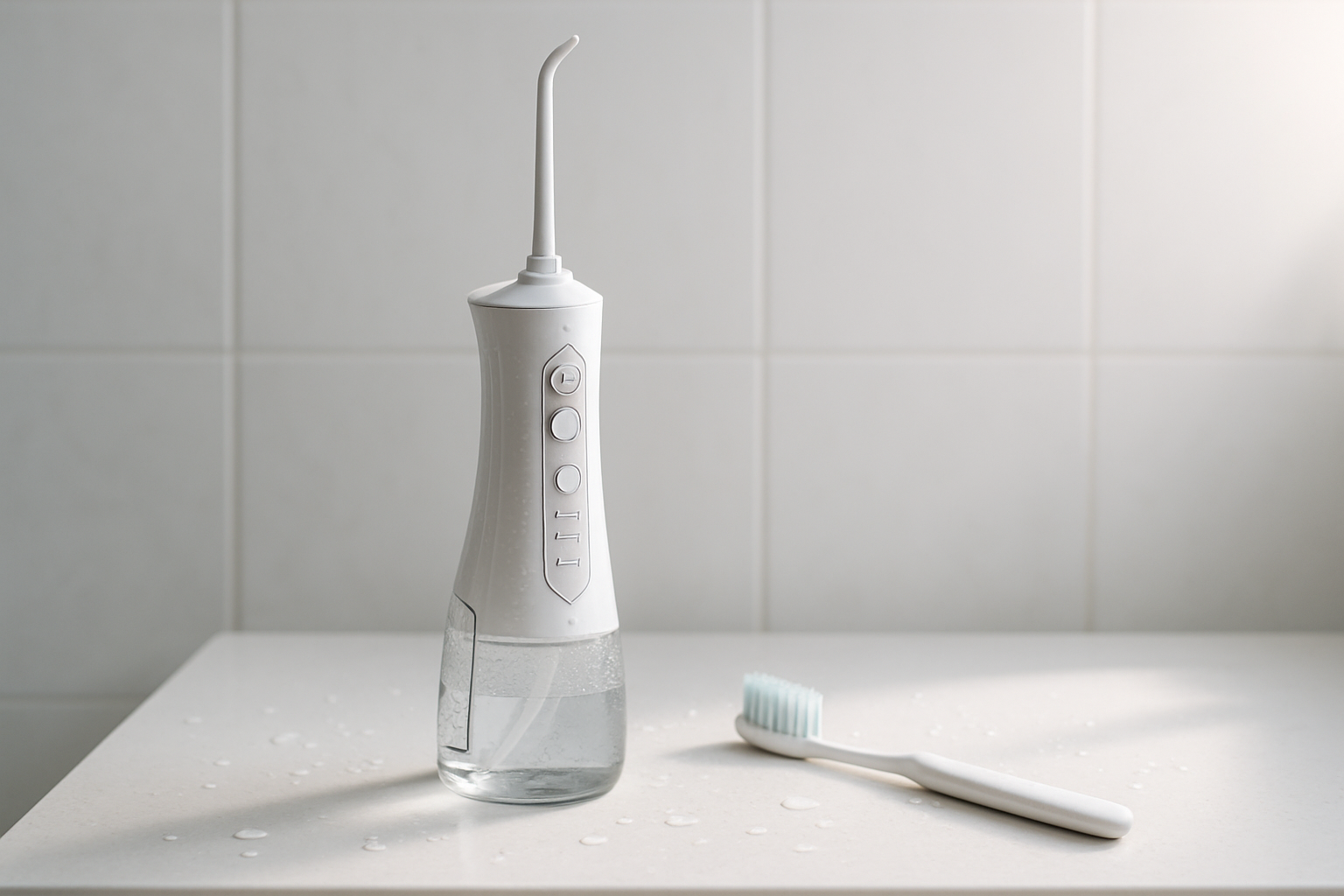 Jet dentaire hydropulseur posé sur un plan de salle de bain avec brosse à dents