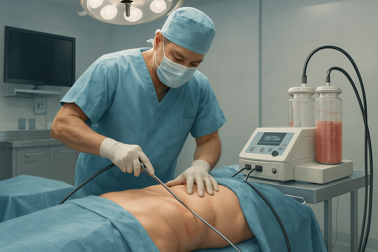 Liposuccion lipoaspiration opération chirurgicale illustrée en bloc opératoire