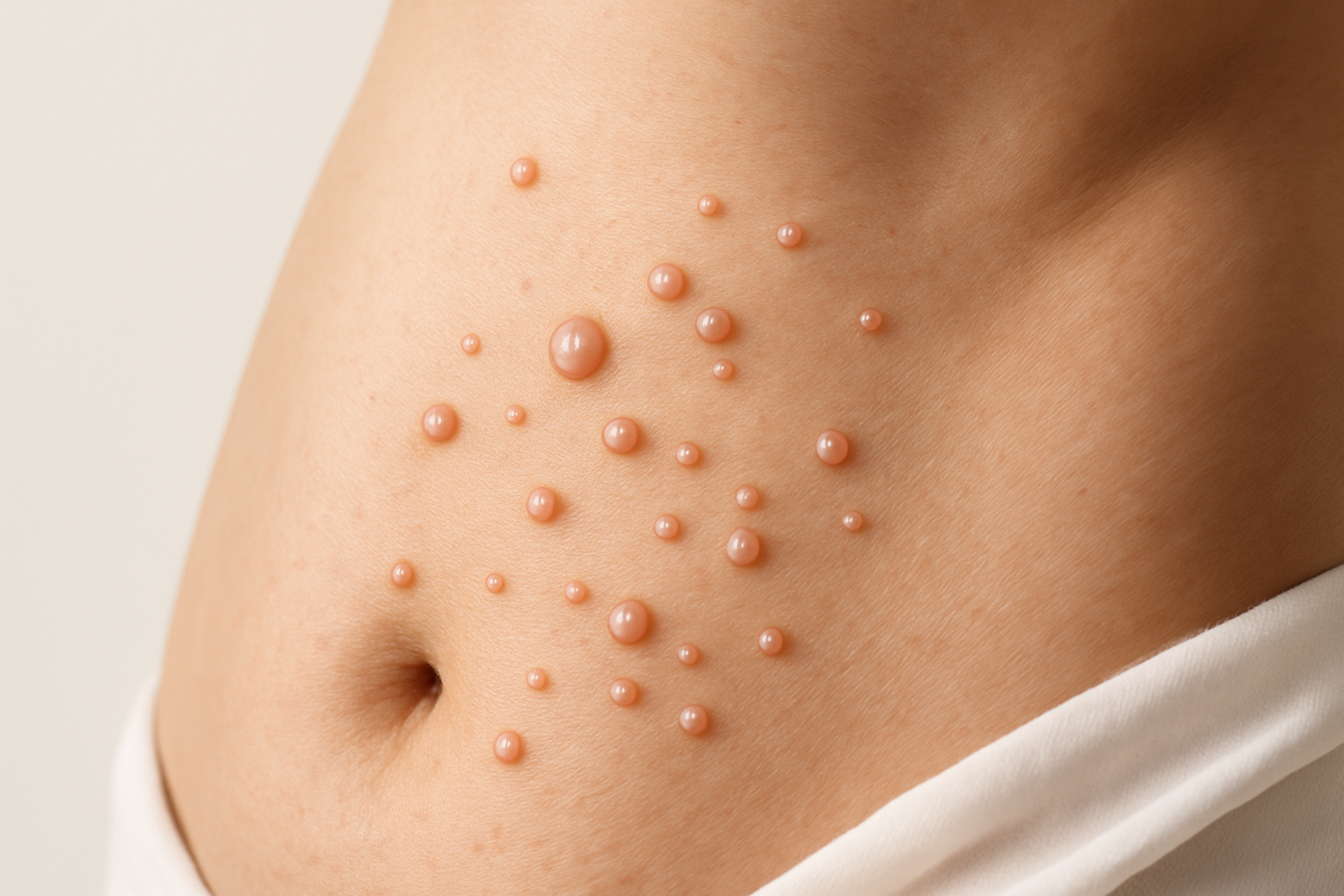 Molluscum contagiosum chez l'adulte - papules en dôme avec ombilic central sur la peau