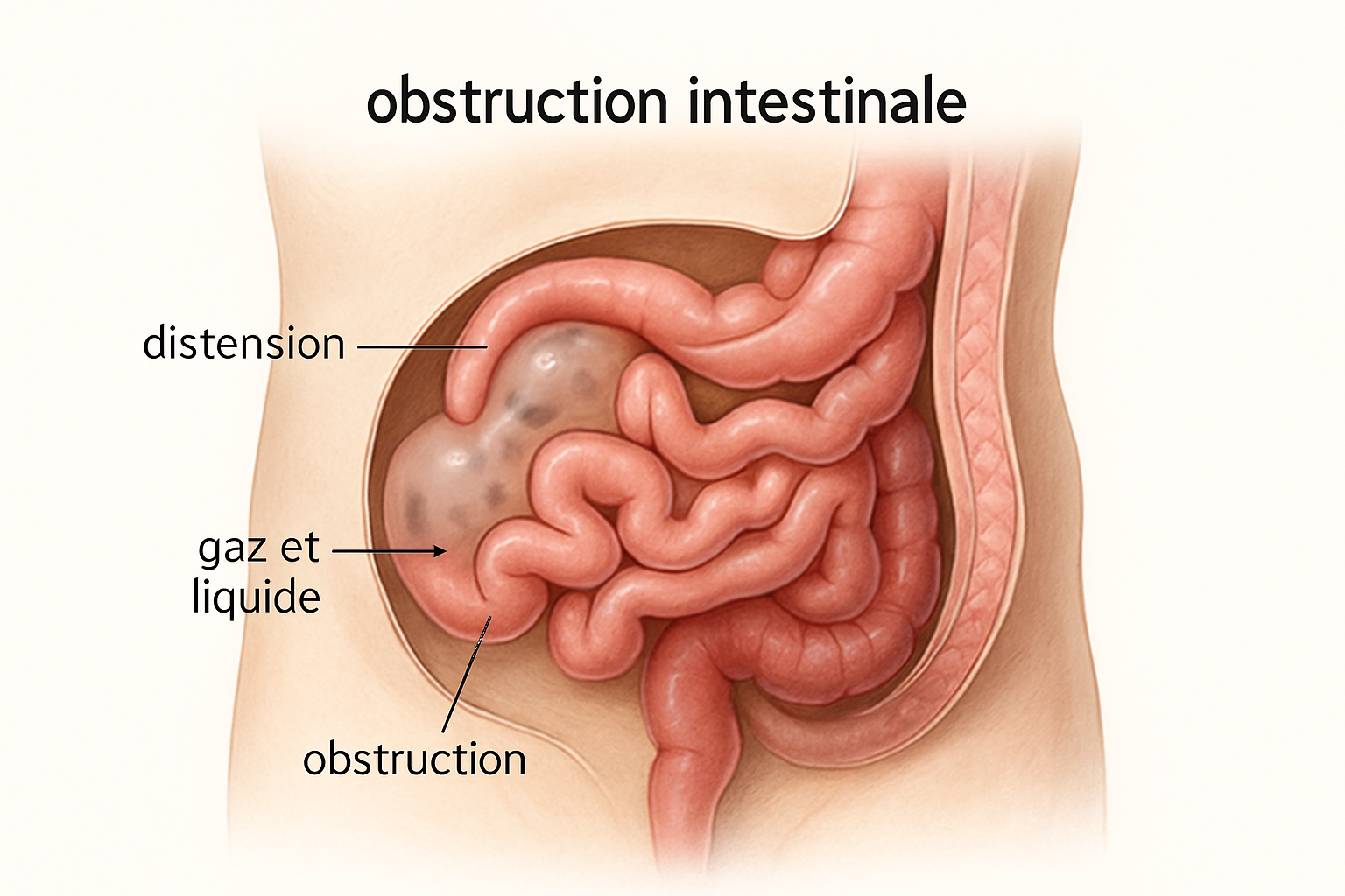 Occlusion intestinale : illustration médicale d'un blocage du transit intestinal avec distension abdominale