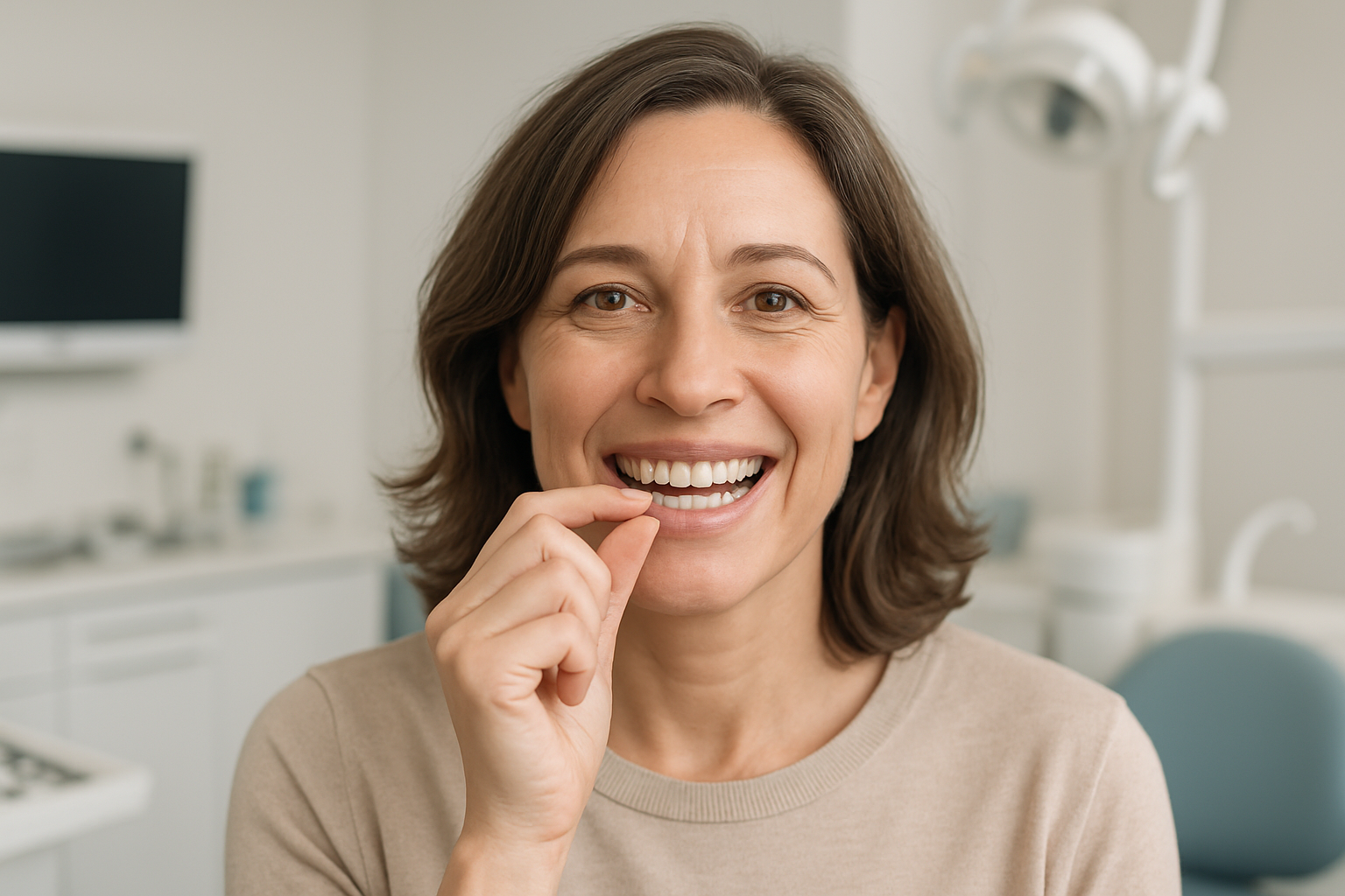 Orthodontie adulte : femme adulte portant des aligneurs transparents chez le dentiste