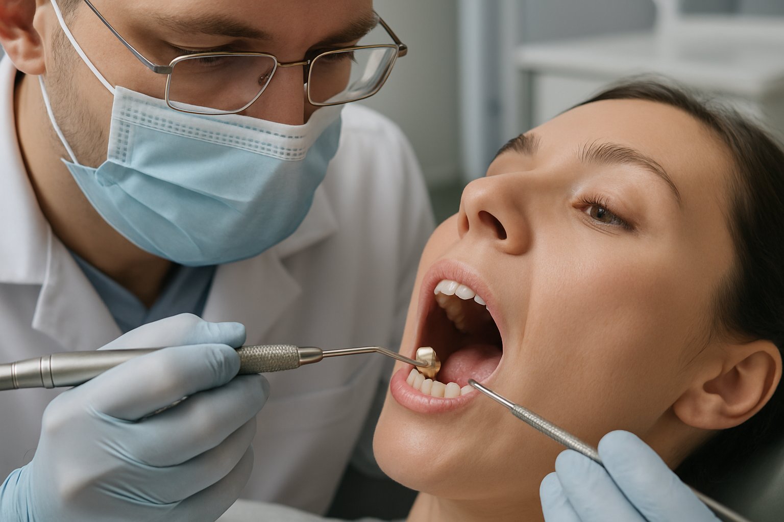 Pansement dentaire - pose d'un ciment temporaire sur une molaire par un chirurgien-dentiste