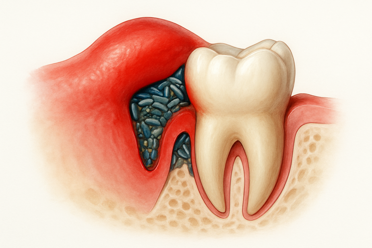 Péricoronarite dents de sagesse - illustration inflammation gencive autour molaire semi-incluse