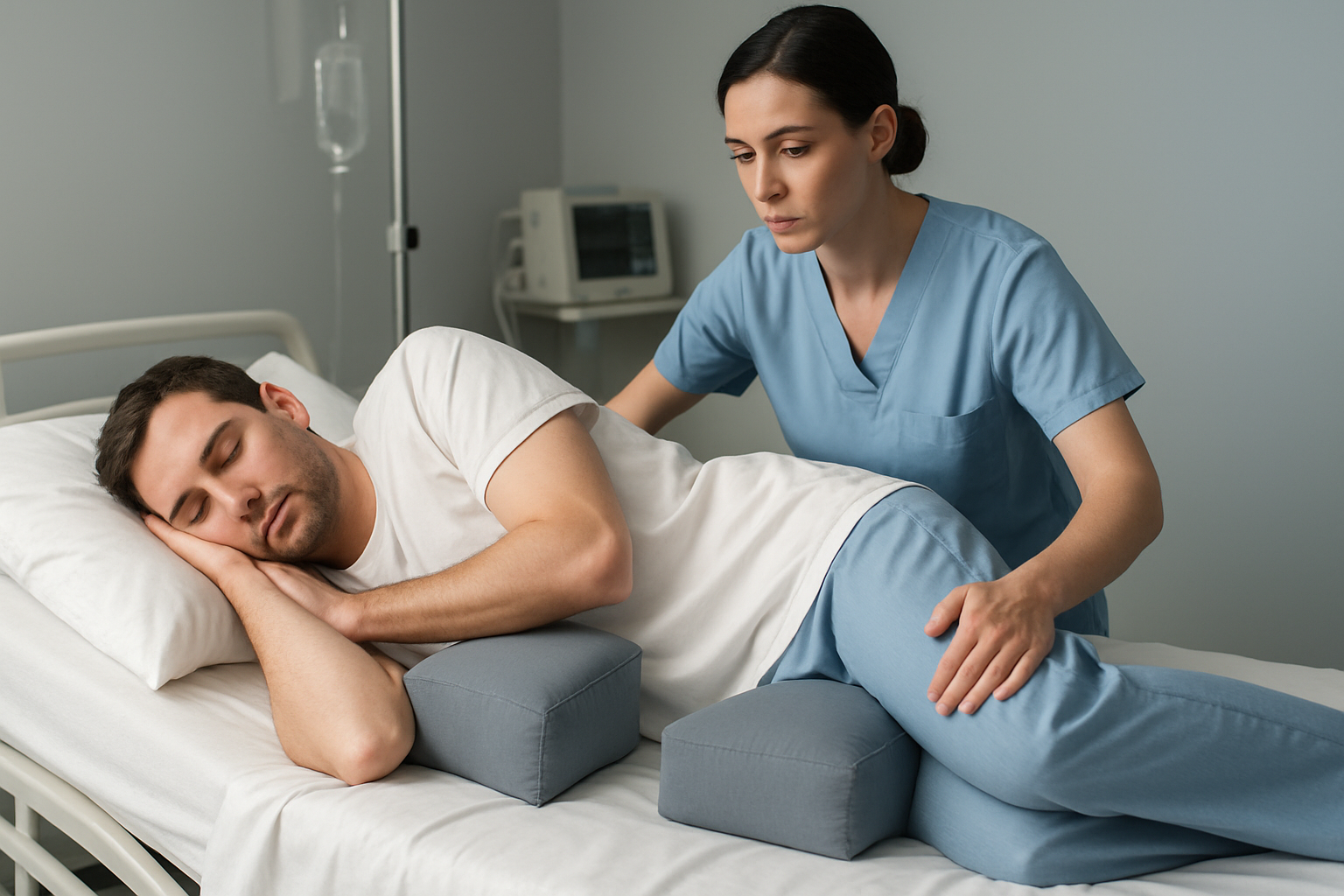 position décubitus latérale dorsale : soignant installant un patient sur le côté avec coussins de positionnement